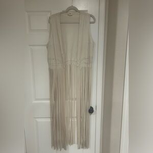 Beige faux suede vest with fringe